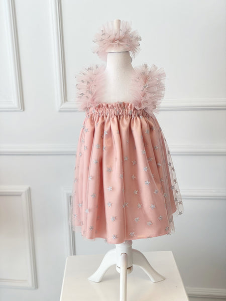 Rose Star Girl Dress, Toddler Sequin Star Dress, Rose Pink Tulle Dress, First Birthday Dress, Boho Photoshoot Dress, Birthday Flower Outfit