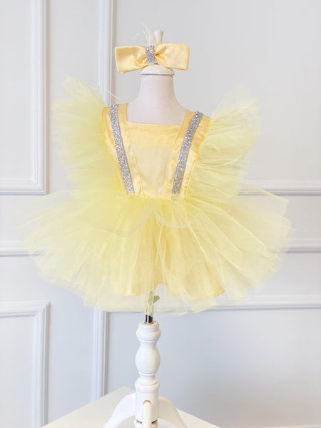 Yellow Birthday Dress With Feather, Photoshoot Toddler Gir Dress, First Birthday Party Dress, Cake Smash Outfit, Summer Party Dress,