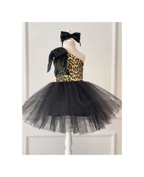 Leopard Cat Girl Dress with Feather, Toddler Wild Girl Outfit, Girl Photoshoot Dress, Black Feather Dress, Tutu, Leopard Tutu, Fancy