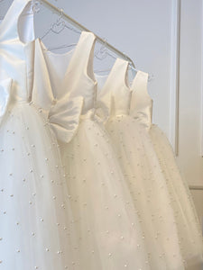 V Back Top Dress with Pearls, First Communion Gown, White Flower Girl Dress, Elegant Baptism Dress, Wedding Bridesmaid Dress, Blessing Dress