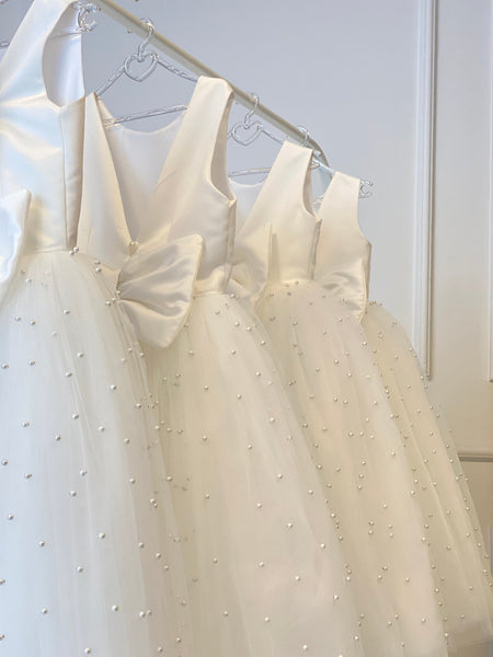 V Back Top Dress with Pearls, First Communion Gown, White Flower Girl Dress, Elegant Baptism Dress, Wedding Bridesmaid Dress, Blessing Dress