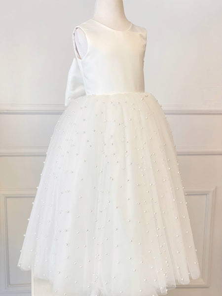 Girl Classic Wedding Dress, junior Bridesmaid Dress, Baptism Simple Pearl  Dress, Wedding Flower Dress, Ivory Satin Tulle Dress