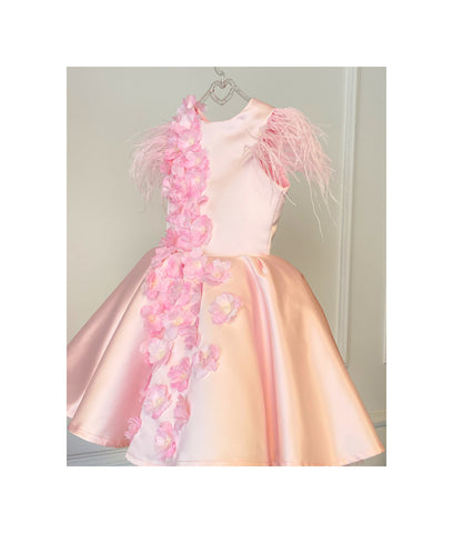 Flower Birthday Girls  Pink Dress, 1st Wedding Dress, Toddler Infant Party Dress, Christening Gown, Dress  With Feather on Sleeves, Flower