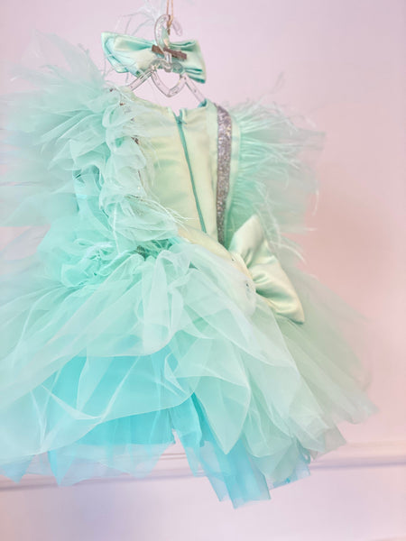 Mint Tulle Dress, First Birthday Tutu Dress, Feather Boho Tulle Dress, Green Tulle Dress, Photoshoot Outfit, Baby Girl Cake Smash Dress